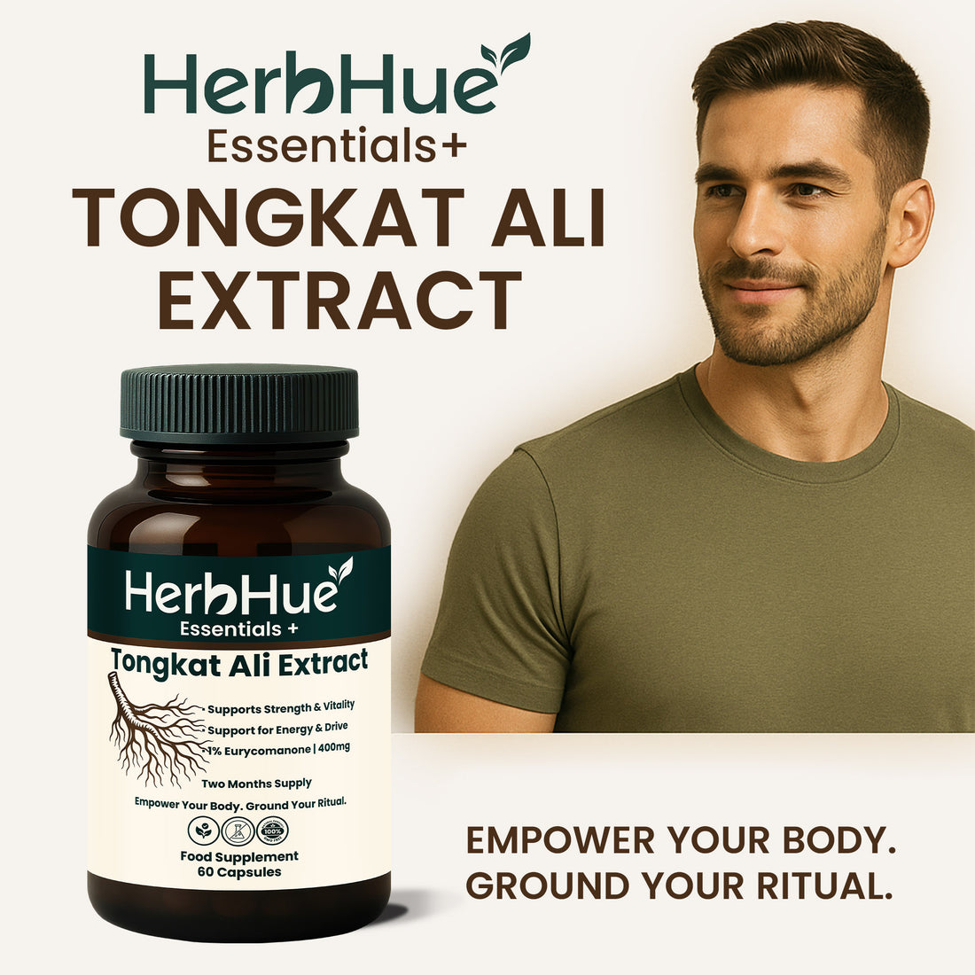 HerbHue Essentials+ | Tongkat Ali Extract 400mg | 60 Vegan Capsules