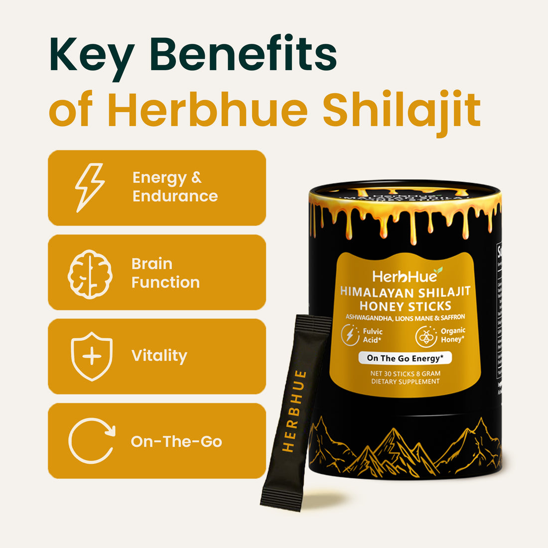 HerbHue Himalayan Shilajit Honey – With Lion’s Mane, Ashwagandha, Saffron & Fulvic Acid for Supporting Your Daily Routine